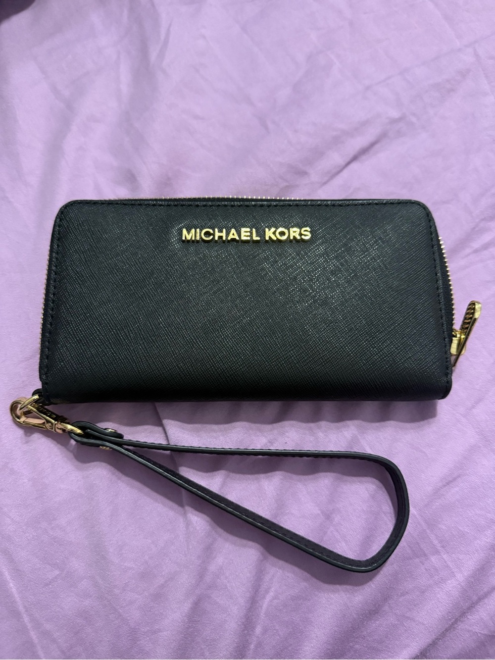 Michael Kors Black Saffiano Wristlet Wallet with Gold Hardware